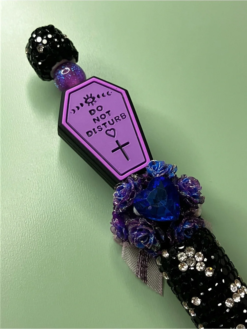 Do Not Disturb Purple Coffin - Black and White Rhinestone Handmade Beaded Pen